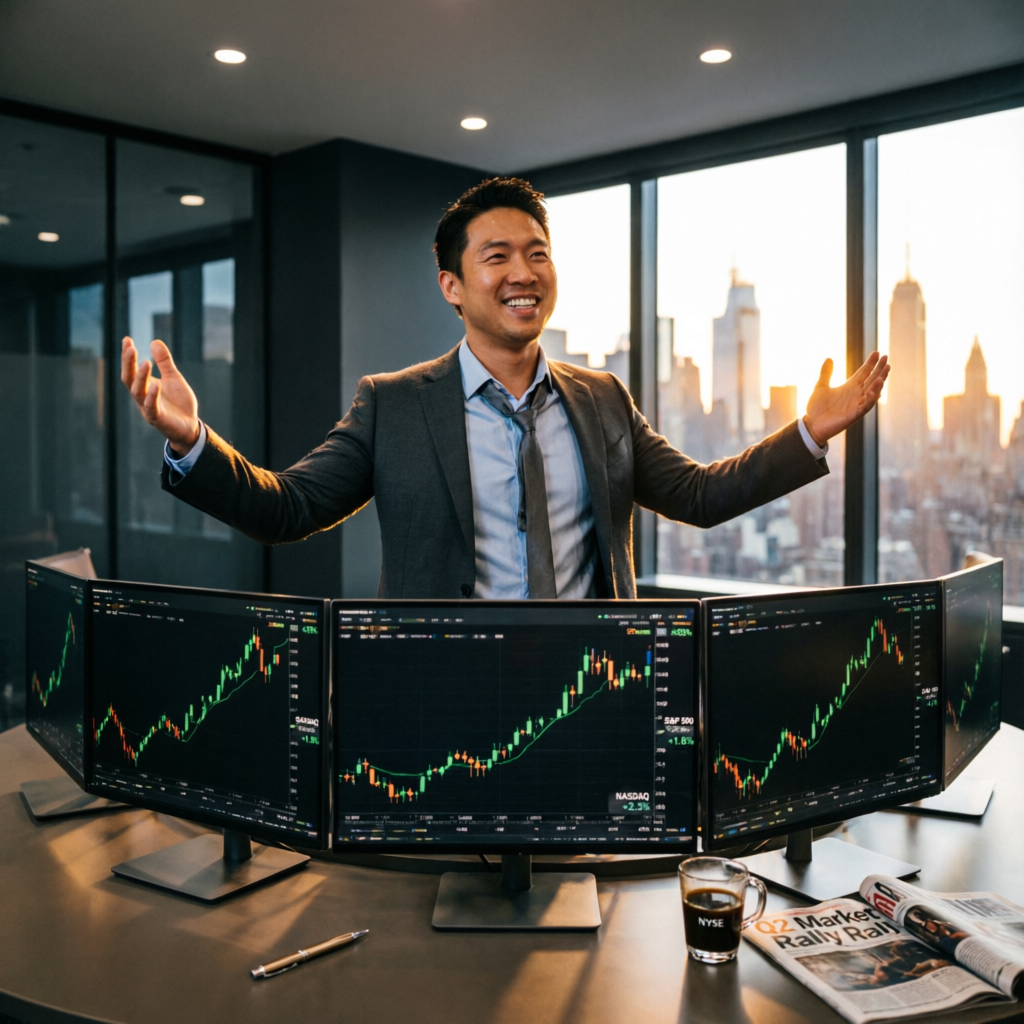 Successful trader celebrating profit with multiple monitors