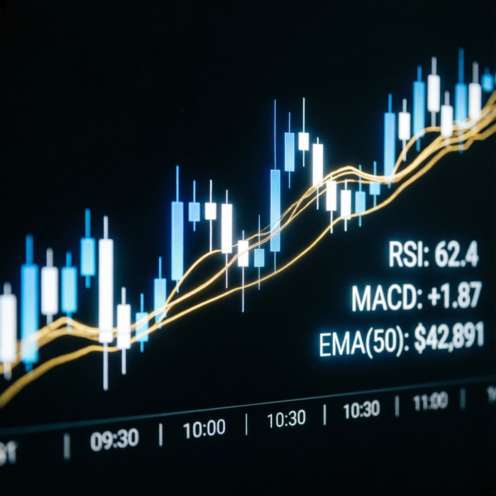 Trading strategy visualization with candlestick charts and technical indicators