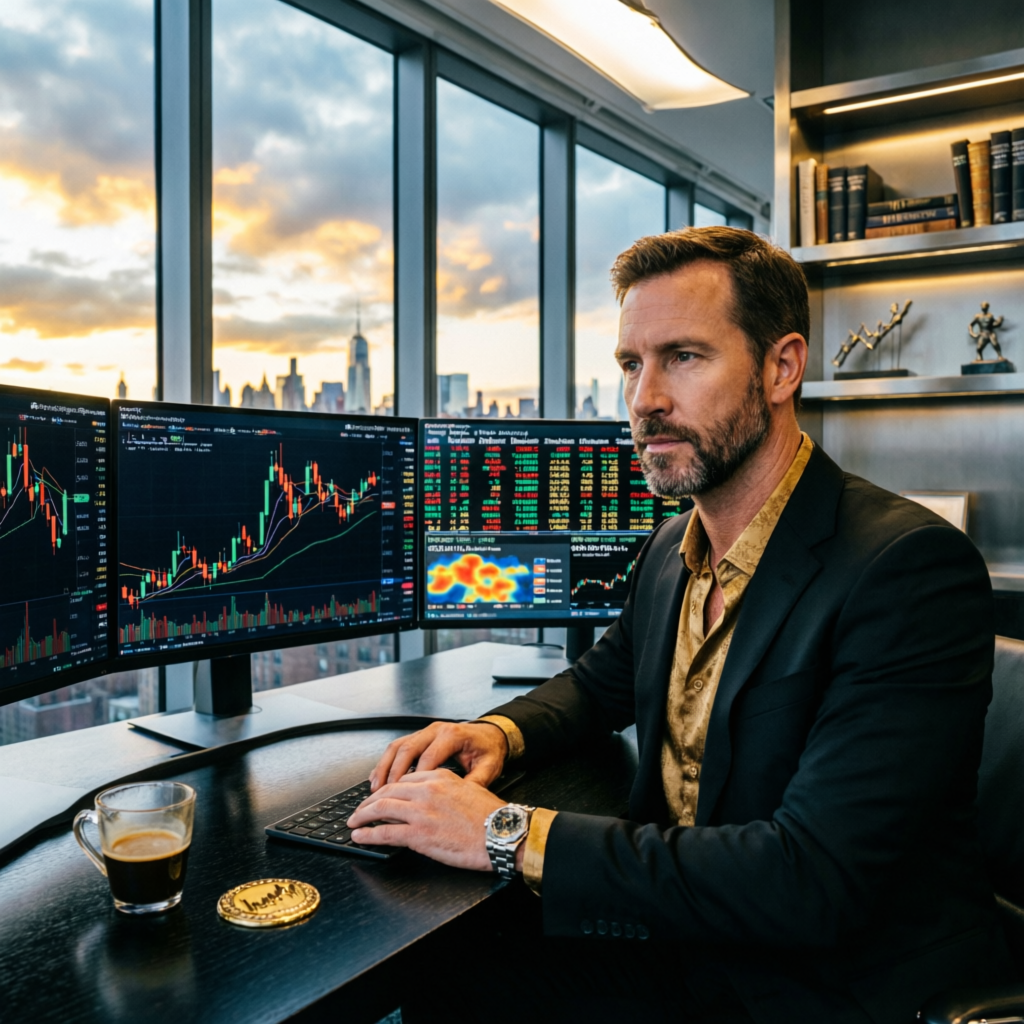 Professional forex trader working with multiple monitors in premium office