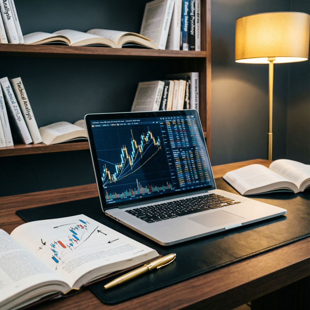 Trading education with books and laptop showing financial charts