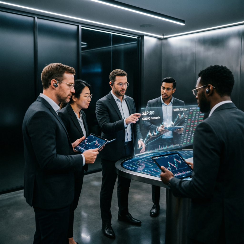 Professional financial service team analyzing trading data