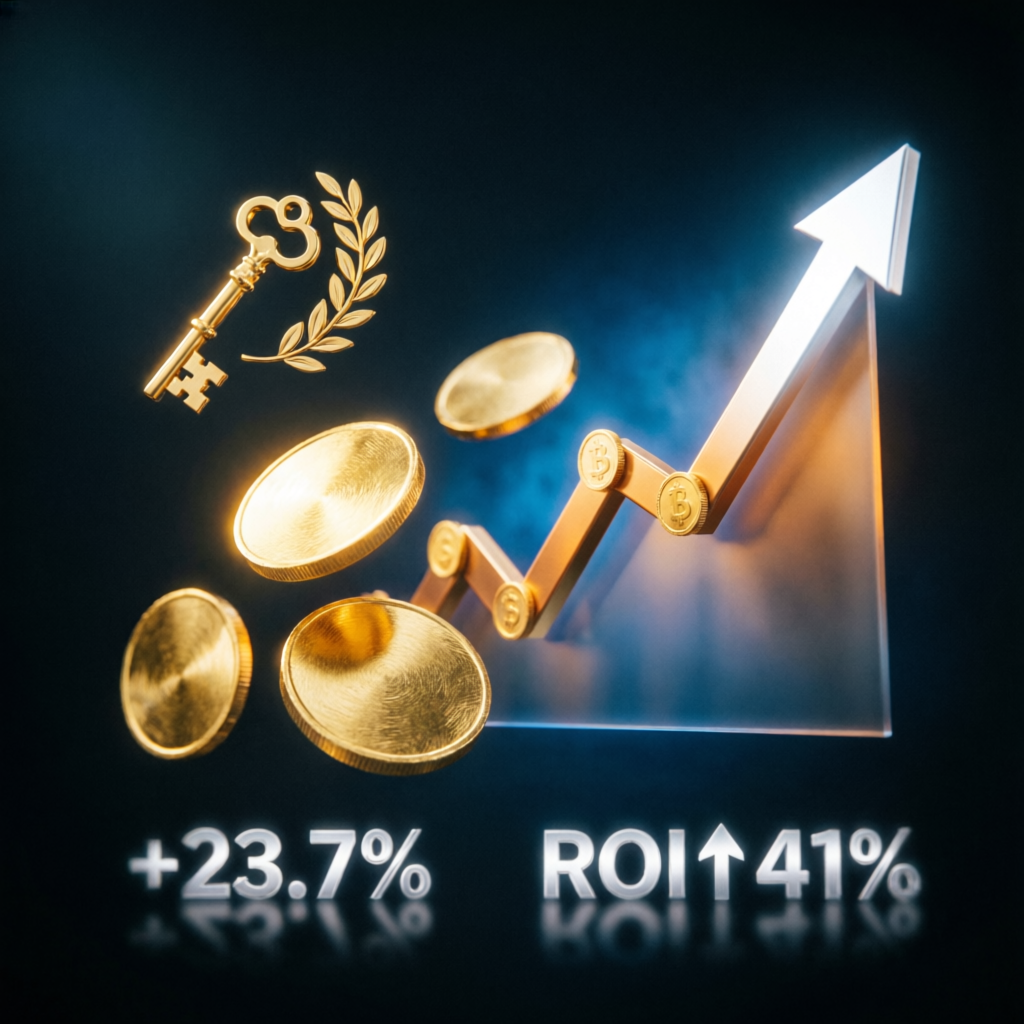 Financial success visualization with golden coins and rising profit charts