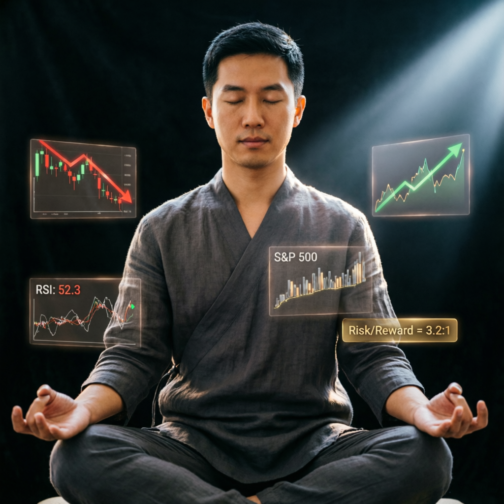 Trading psychology concept with focused trader in meditation pose