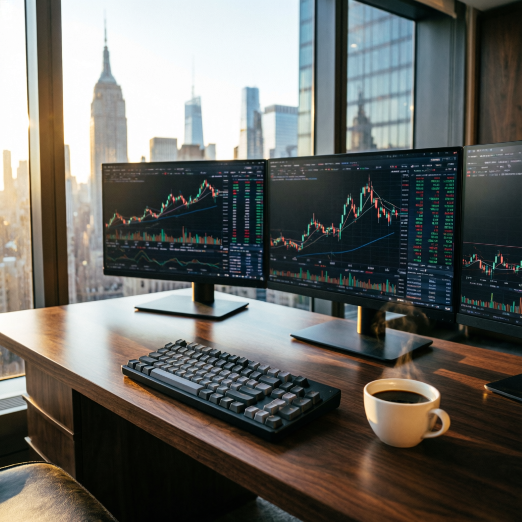 Premium trading desk with multiple monitors and city view