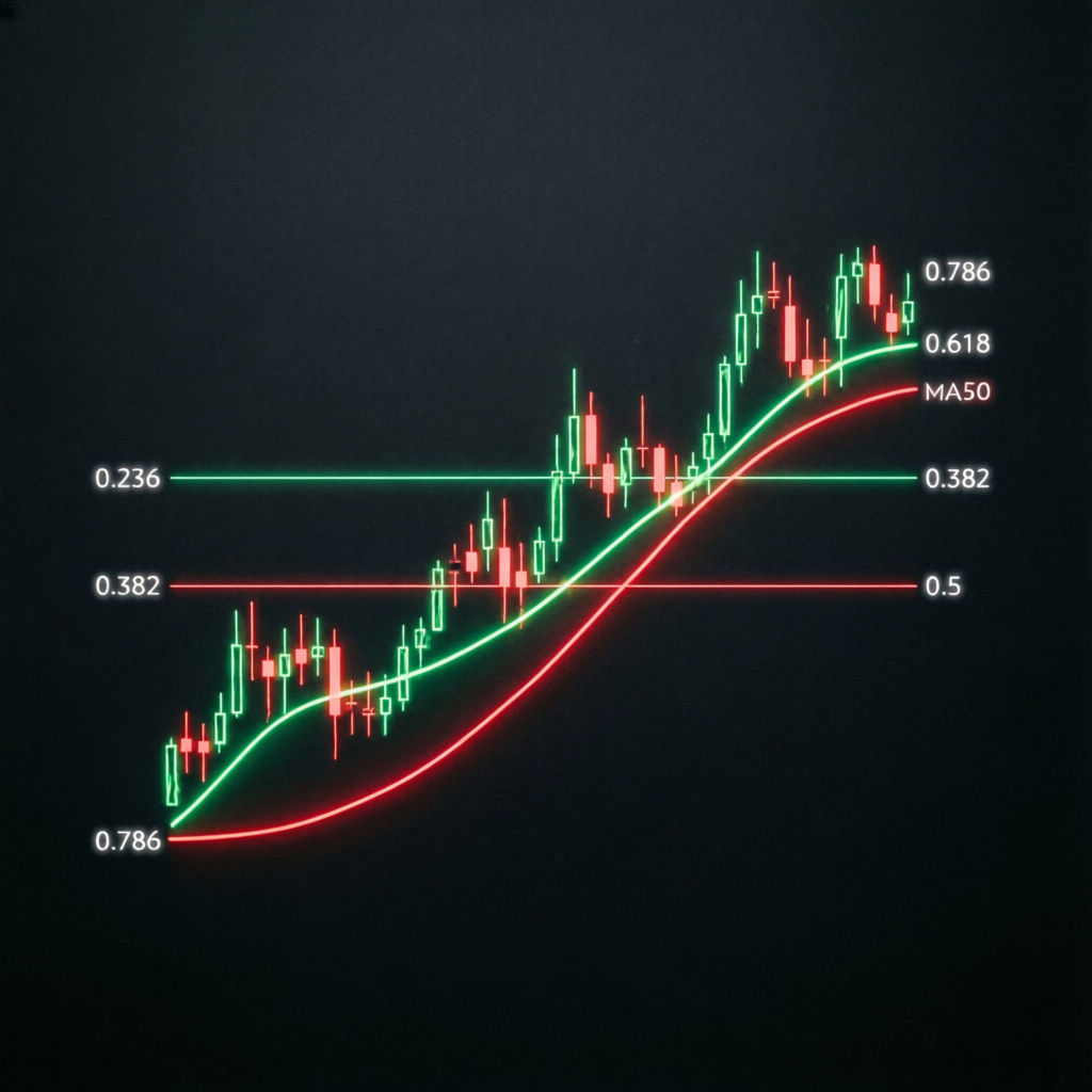Professional trading strategy with candlestick chart and Fibonacci levels