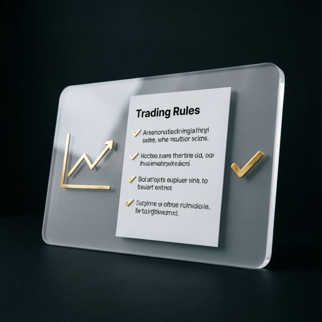 Trading Rules checklist with golden checkmarks on dark background