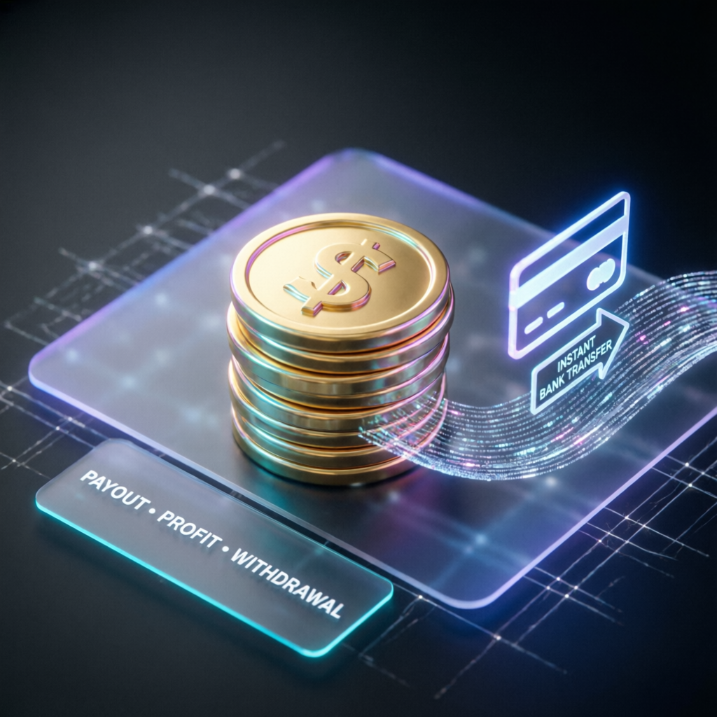 Payout and profit withdrawal concept with gold coins and bank transfer
