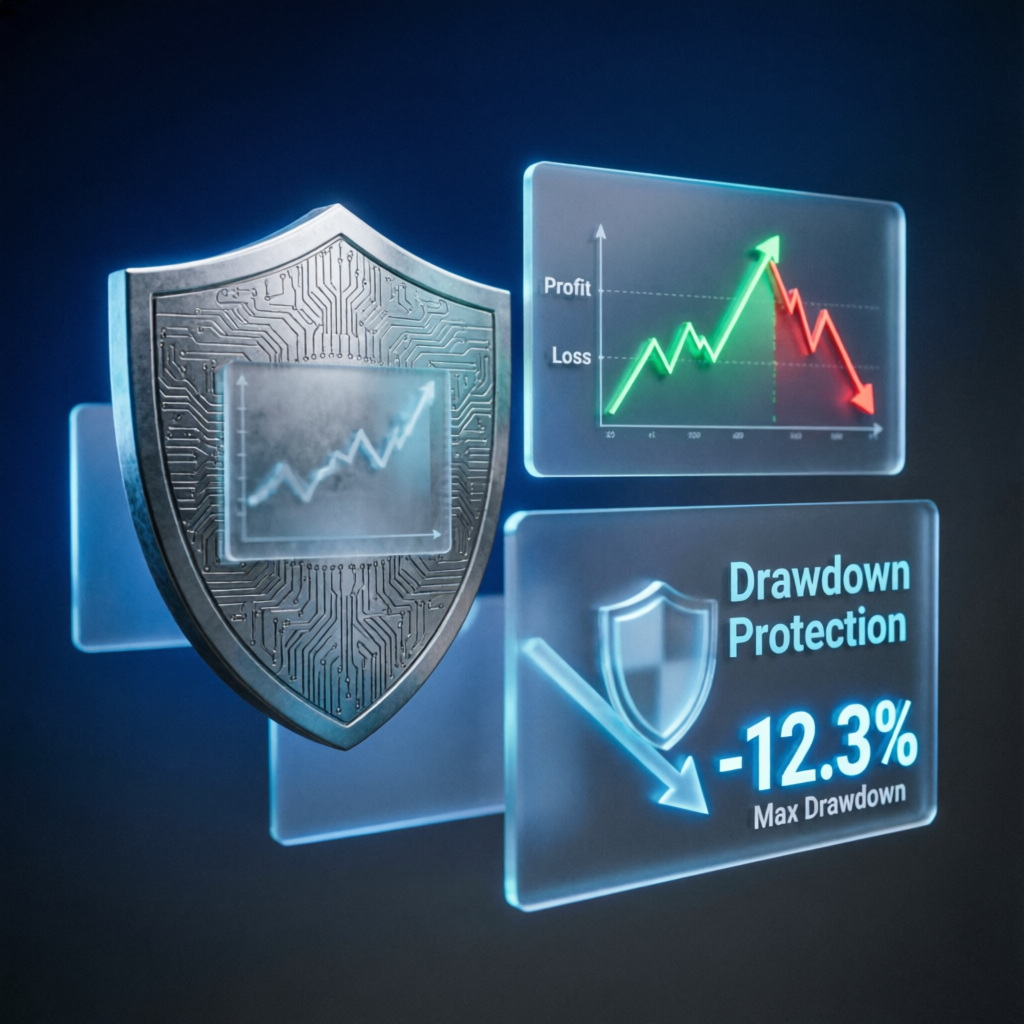 Risk management and drawdown protection visualization with shield icon