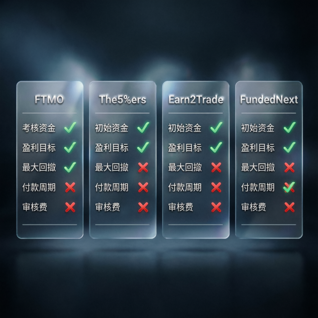 Prop firm comparison visualization with multiple evaluation cards