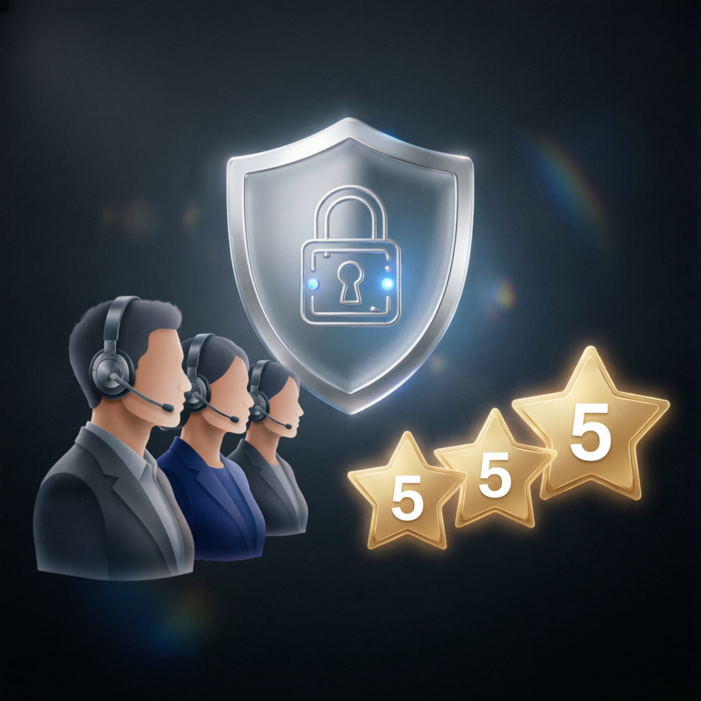 Customer support team with 5-star rating and trust shield
