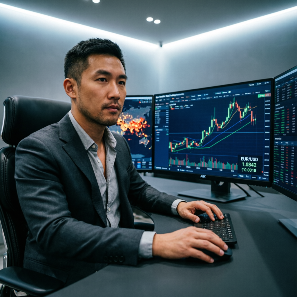 Professional forex trader at multi-monitor setup with Apex Trading dashboard