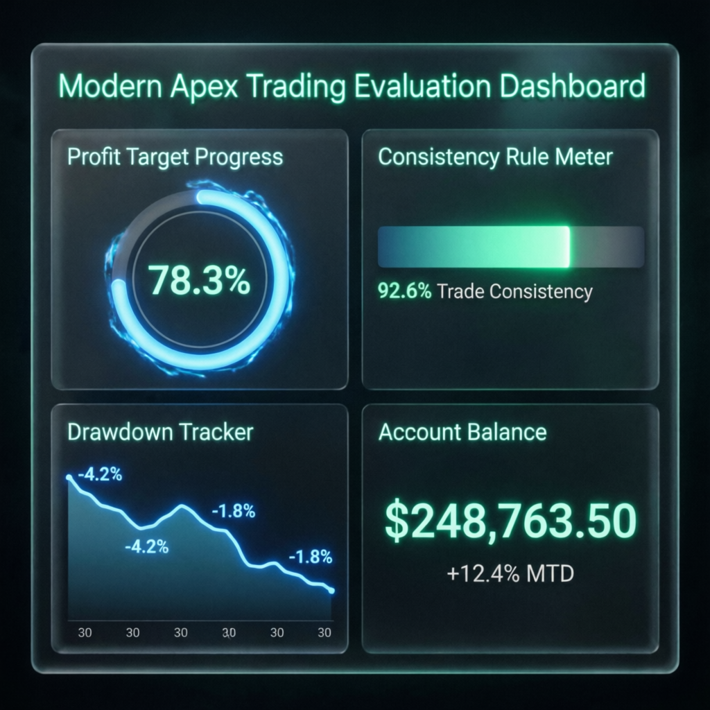 Modern Apex Trading Evaluation Dashboard showing profit target progress and consistency rule meter