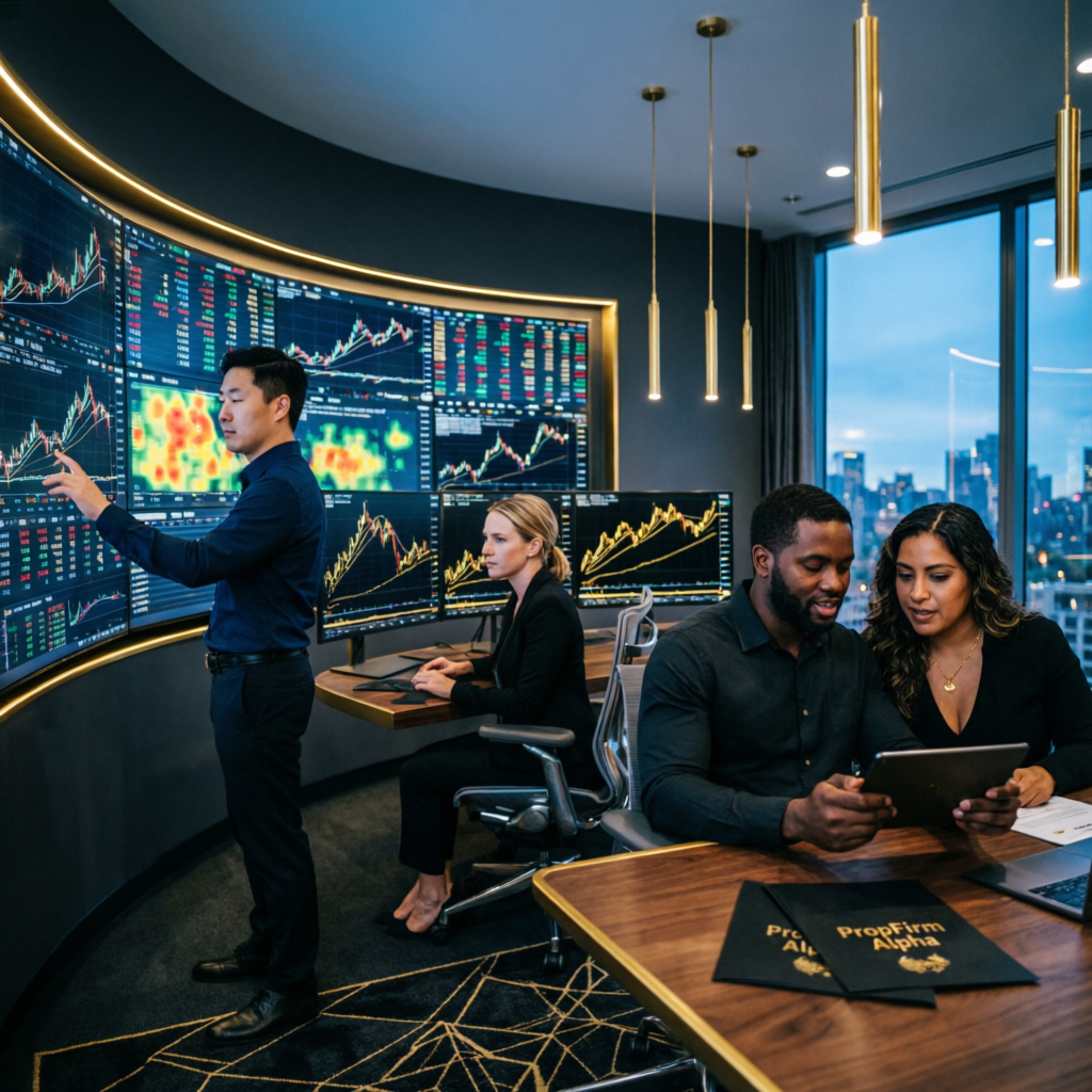 Pass My Prop Firms expert trader team collaborating on prop firm evaluations