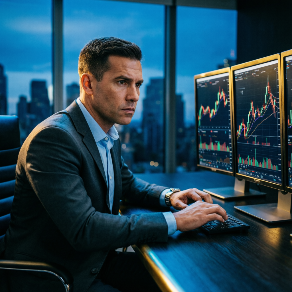 Professional trader executing Apex passing strategy on multiple screens