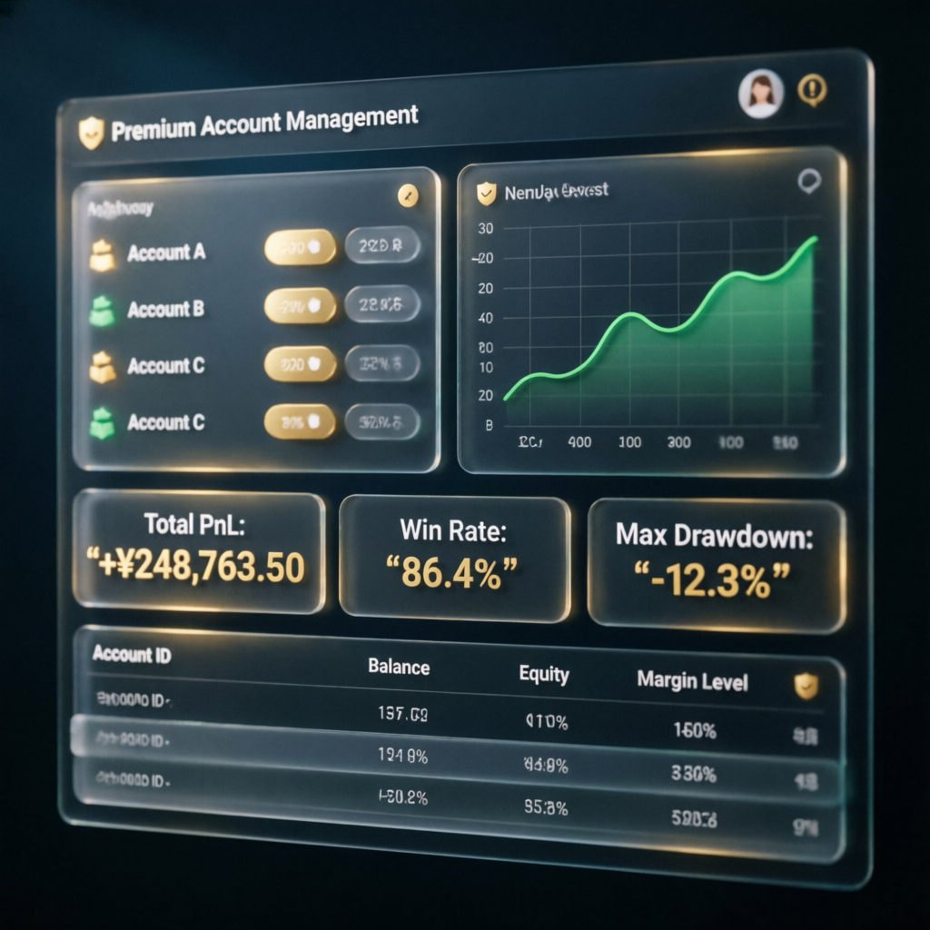 Premium account management dashboard showing Pass My Prop Firms performance metrics