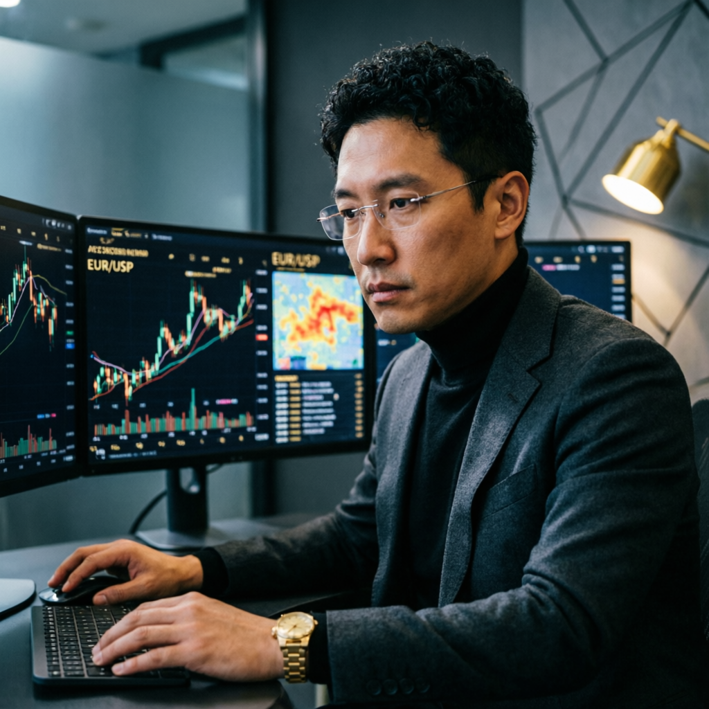 Professional forex trader analyzing Apex Trader Funding rules on multiple monitors