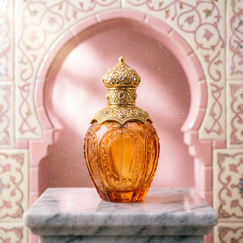 Perfume árabe dorado bajo un arco morisco en tonos pastel