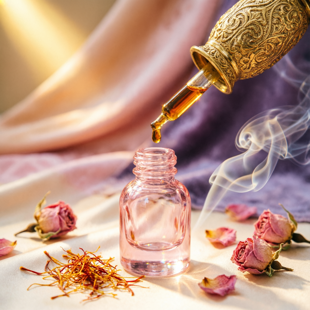 Ritual de perfume árabe con frasco rosa, rosas y azafrán