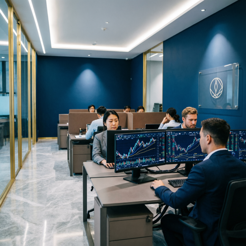 Professional prop trading firm office with traders analyzing forex and futures charts on multiple monitors