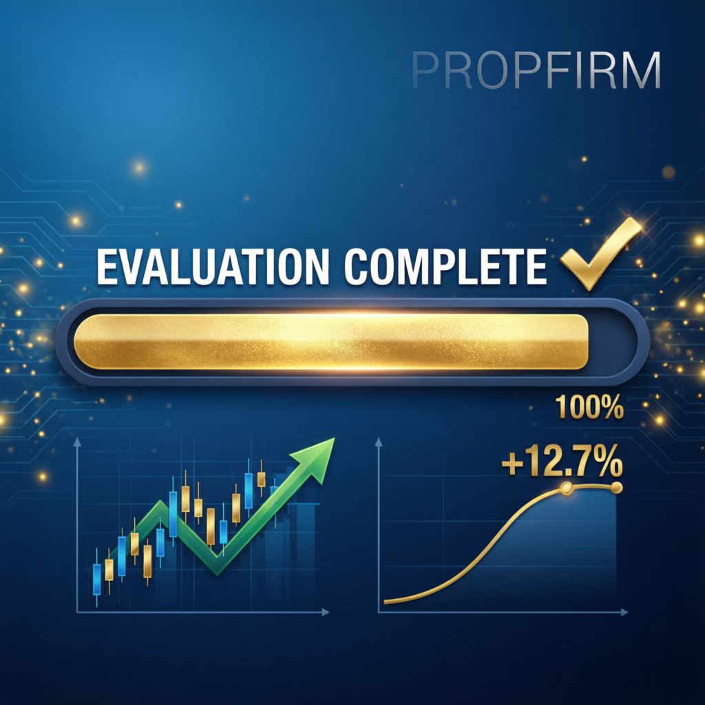 Evaluation complete progress bar showing 100% with trading charts and profit indicators