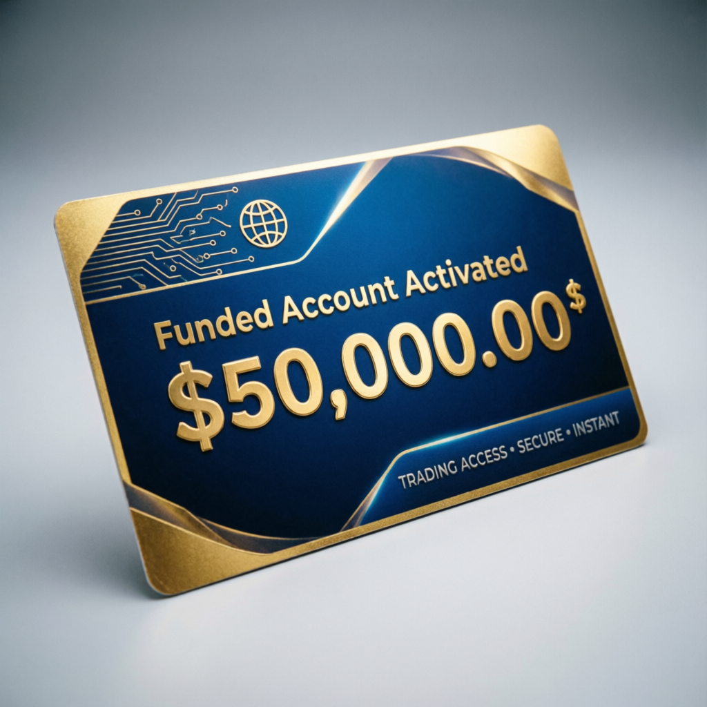 Funded account activated card showing $50,000 balance with trading access, secure, and instant features
