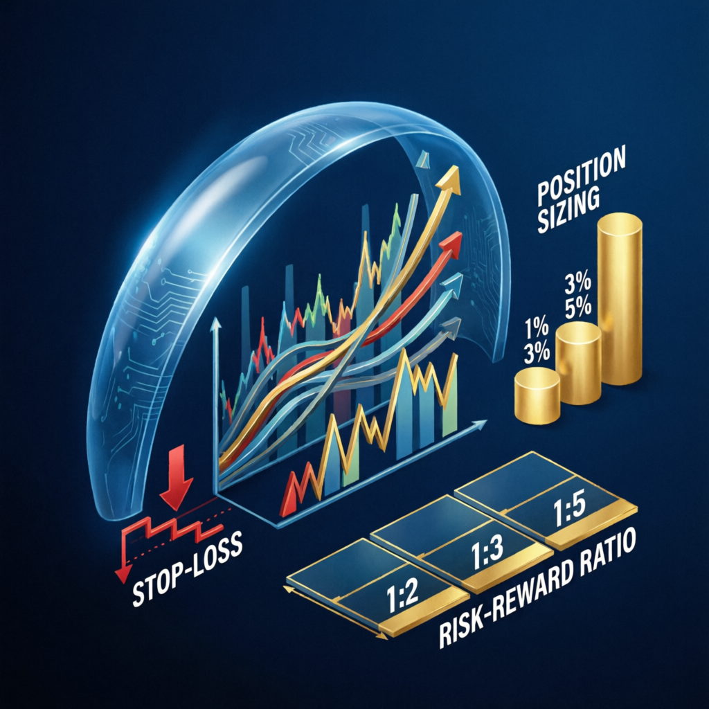 Risk management concept showing stop-loss, position sizing, and risk-reward ratio for prop trading protection