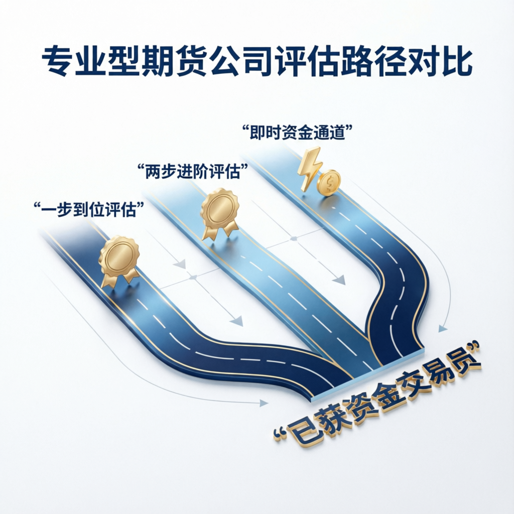 Prop firm evaluation paths comparison showing one-step, two-step, and instant funding routes to funded trader status
