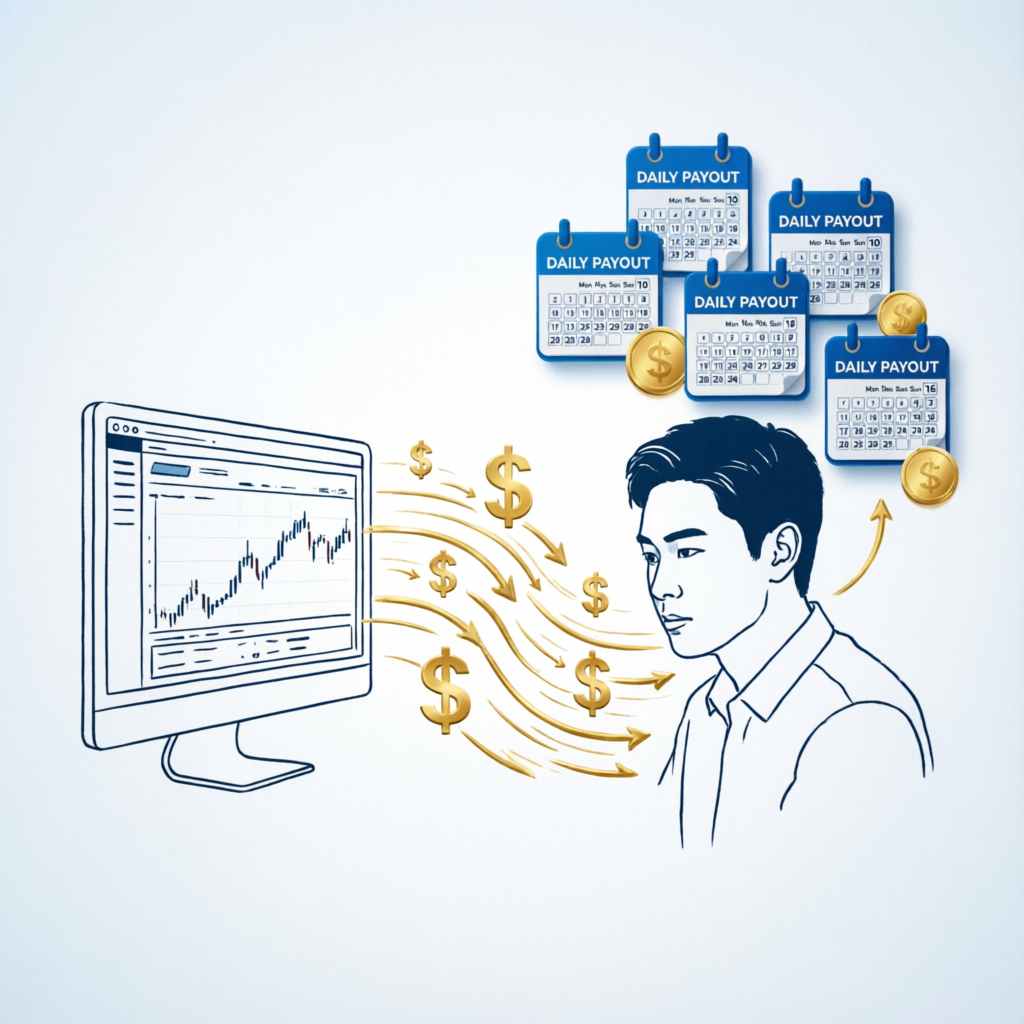 Prop firm daily payout process illustration showing money flowing from trading platform to trader with calendar icons