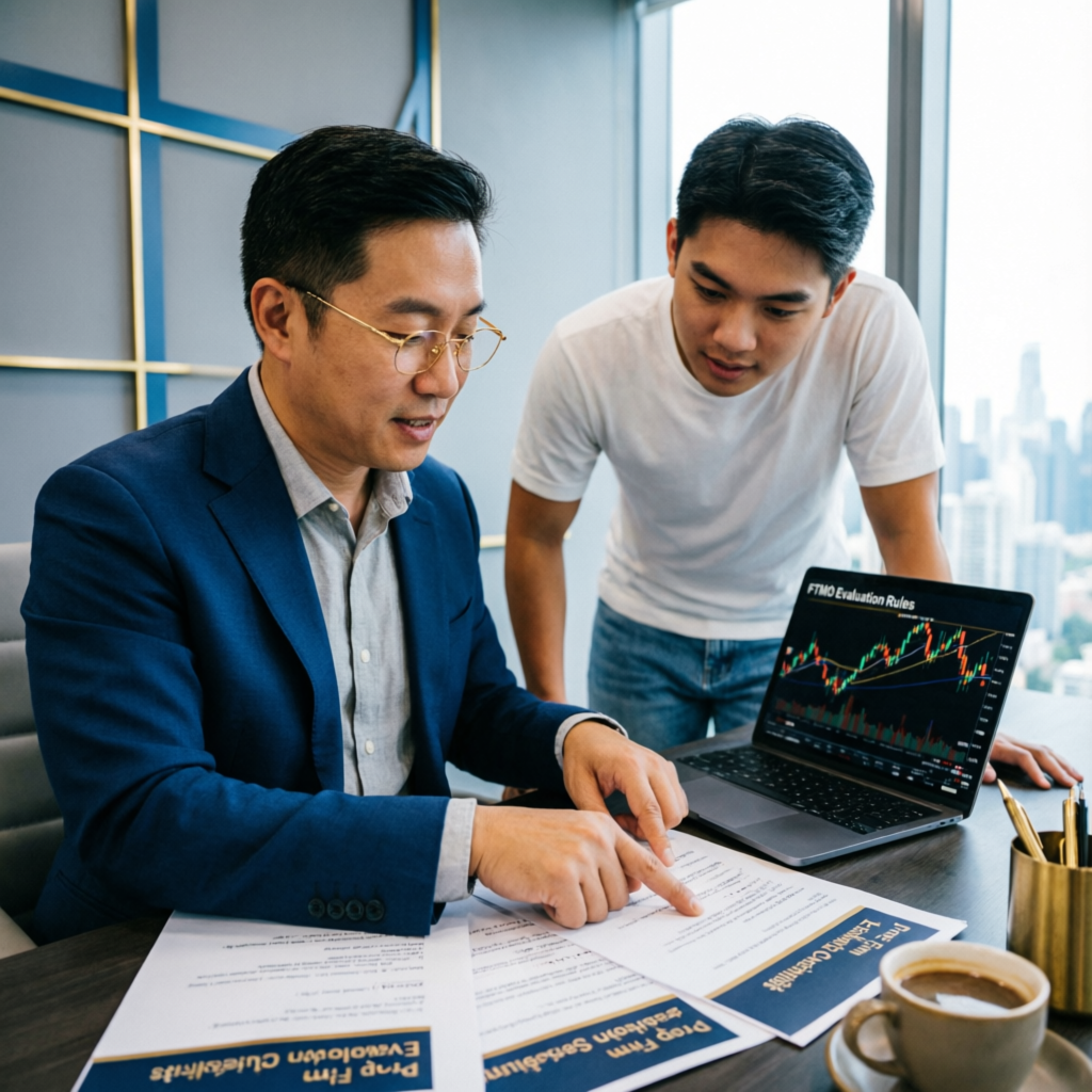 Professional trading mentor helping a beginner trader understand prop firm evaluation rules and strategies
