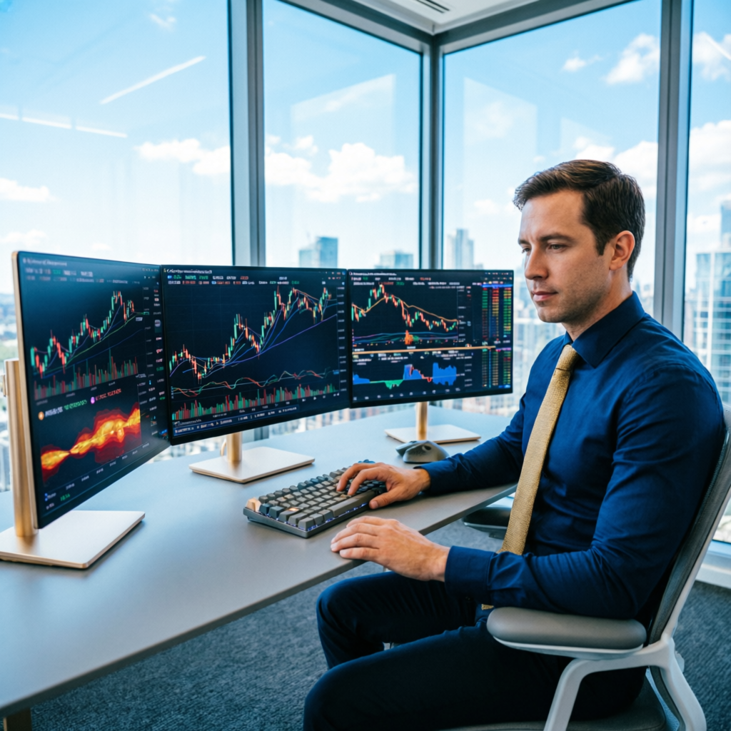 Remote prop trader working with multiple monitors showing forex, futures, and crypto trading charts