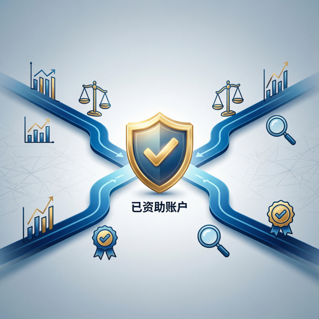 Prop firm comparison concept with multiple evaluation paths converging to a funded account with trust shields