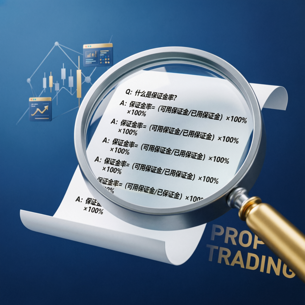FAQ section concept with magnifying glass examining prop trading questions and answers document