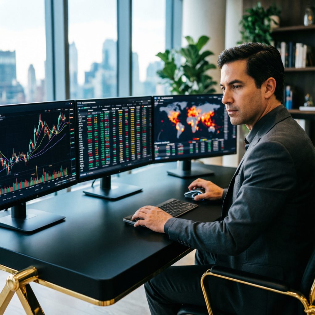 Professional trader analyzing Topstep trading dashboard with multiple monitors showing forex charts