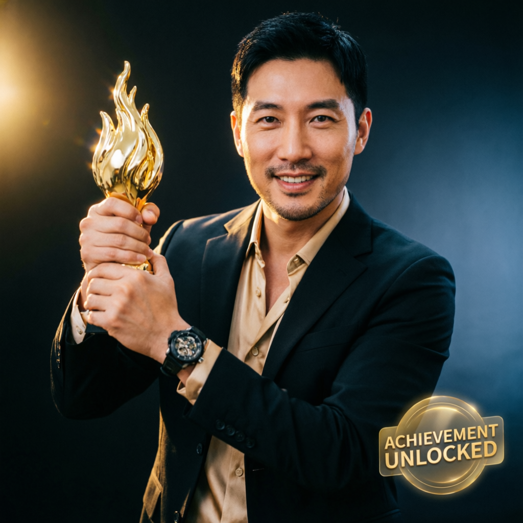 Successful trader holding gold trophy celebrating achievement unlocked in prop firm trading