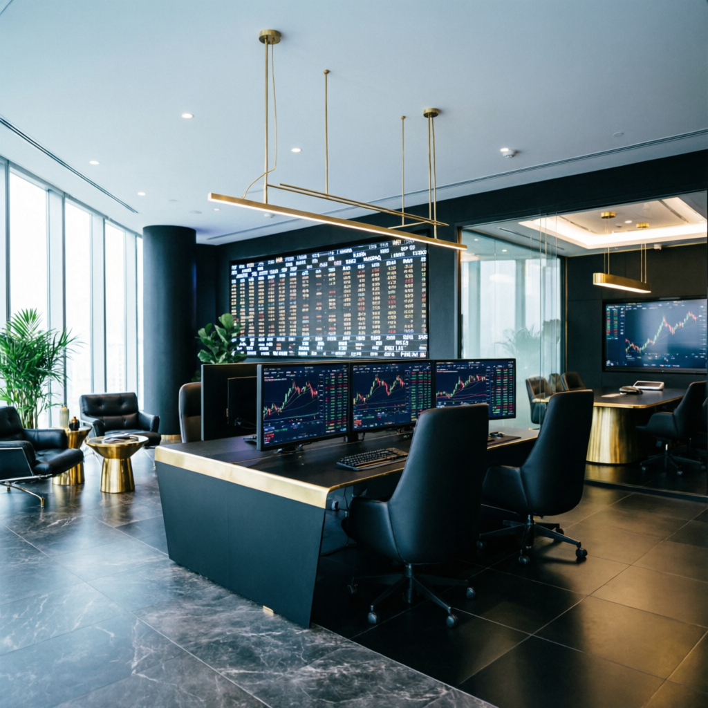 Modern luxury fintech trading office with multiple workstations and professional trading environment