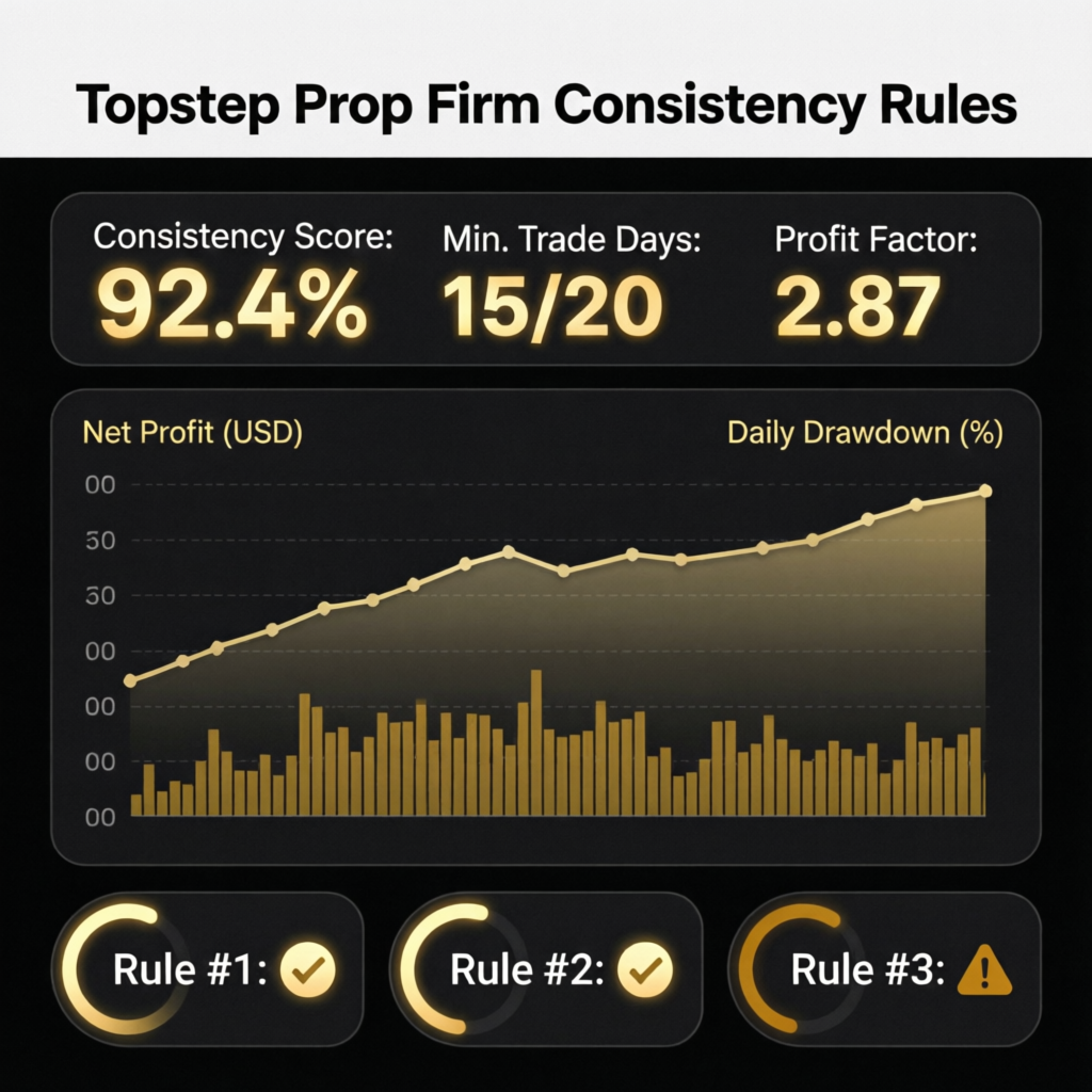 Topstep prop firm consistency rules dashboard showing profit metrics and trading statistics