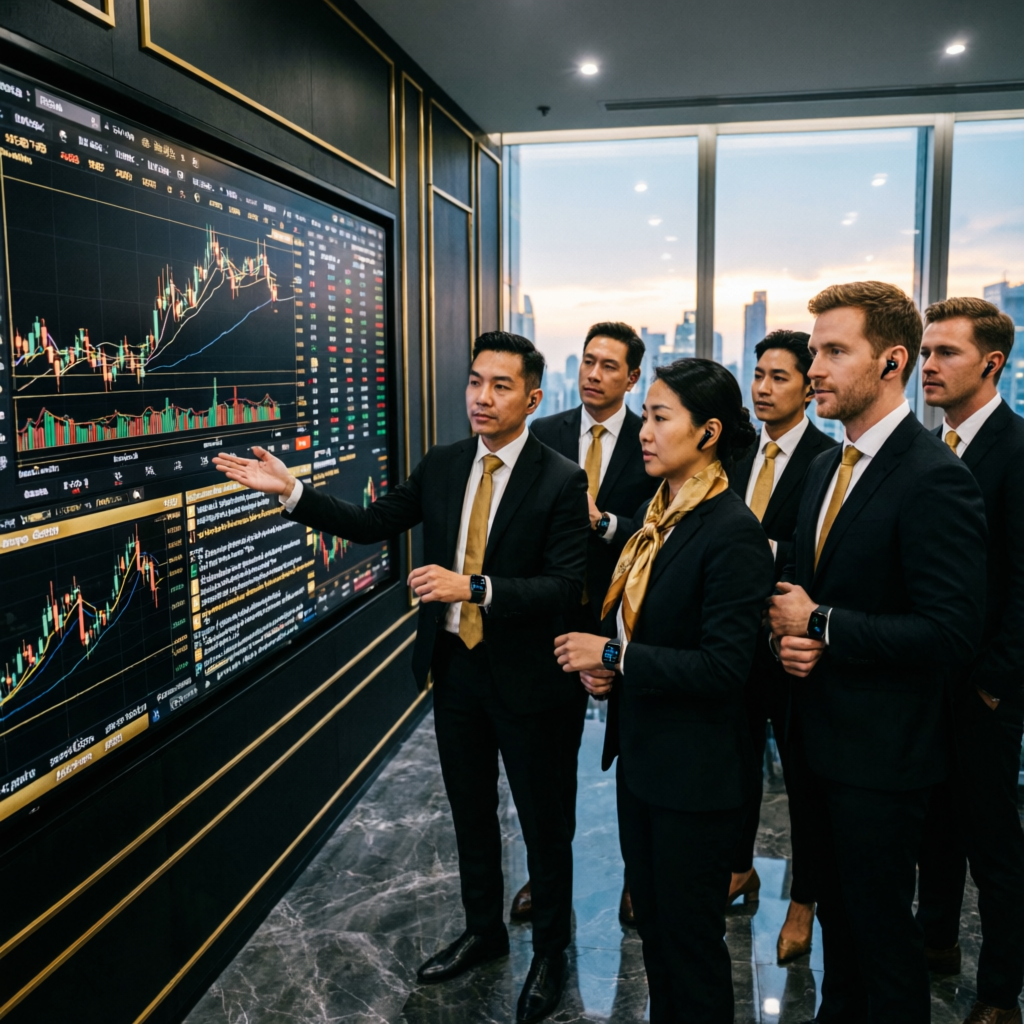 Professional team of traders collaborating around large trading screen in luxury office