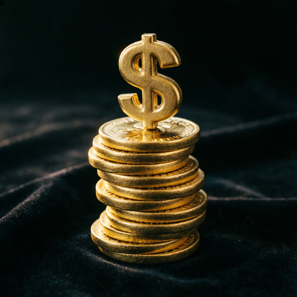 Stack of gold coins with dollar sign representing trading profits and funded account payouts