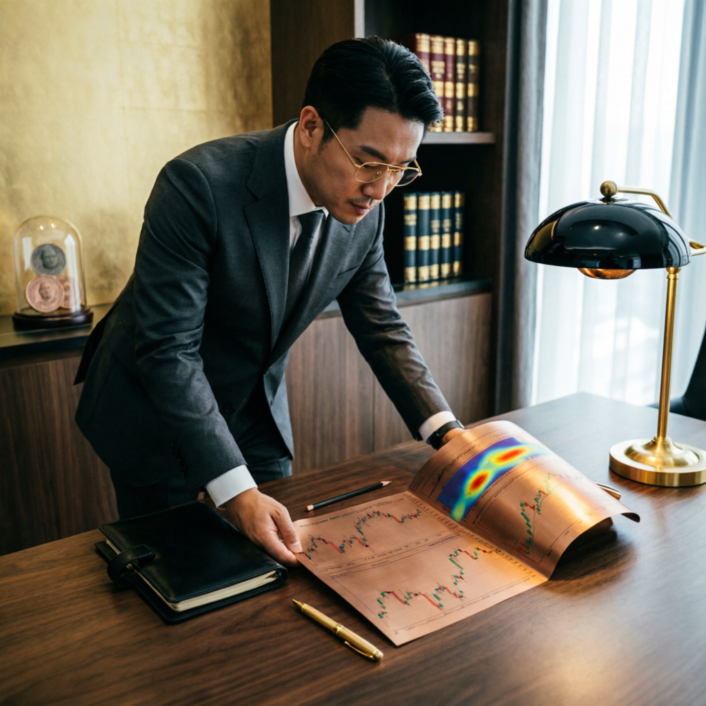Professional trader analyzing strategy charts and trading plans in luxury office