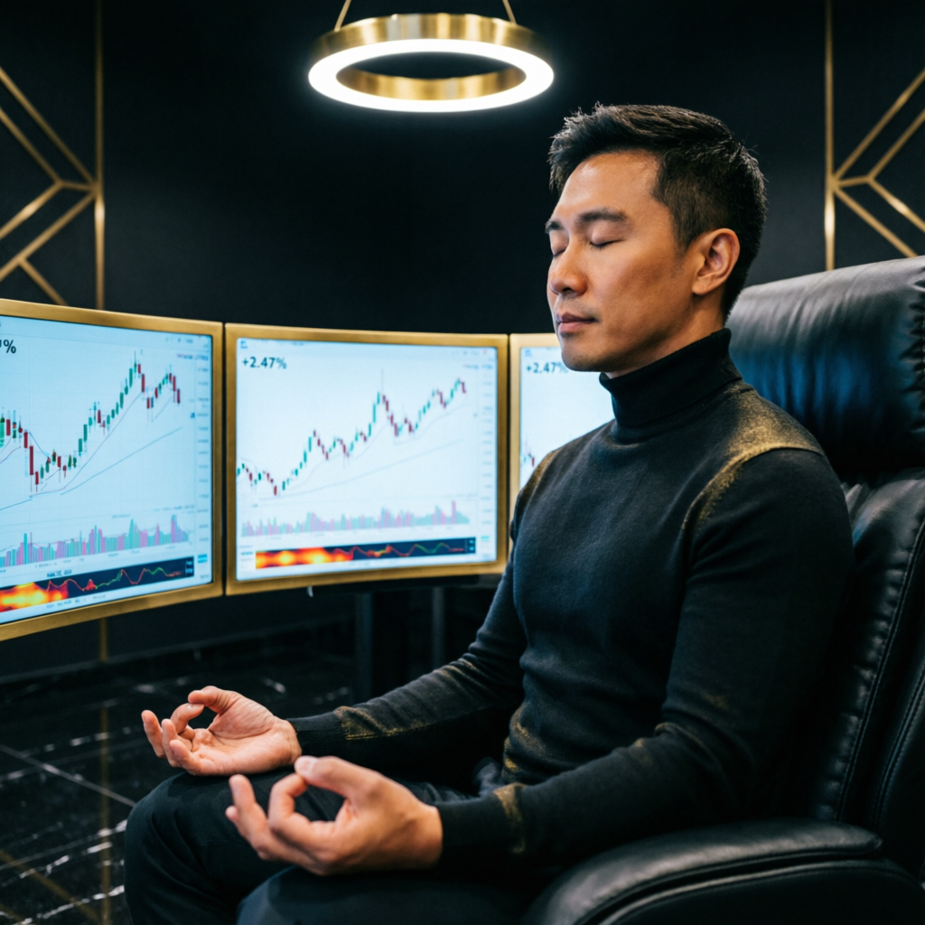 Trader meditating in front of trading screens showing trading psychology and mental discipline