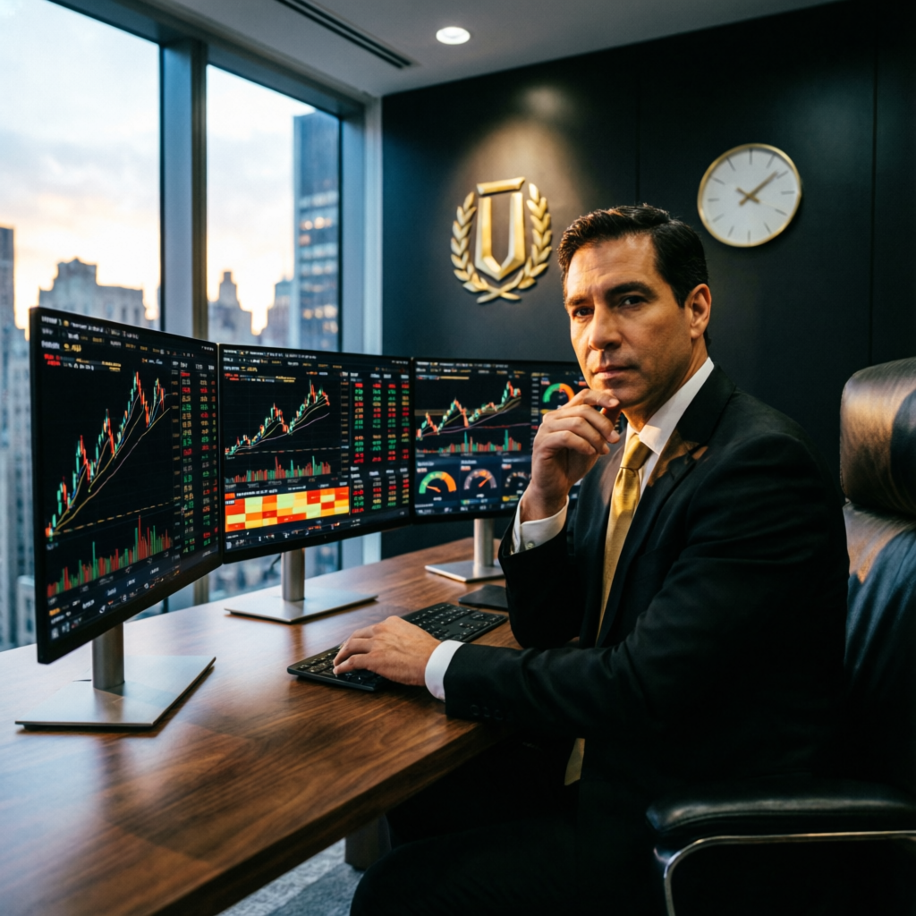 Professional trader in Topstep Chicago office with multiple trading monitors