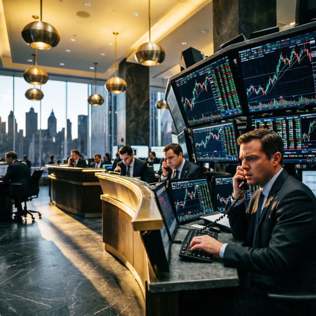 Wall Street trading floor with professional traders monitoring Topstep futures markets