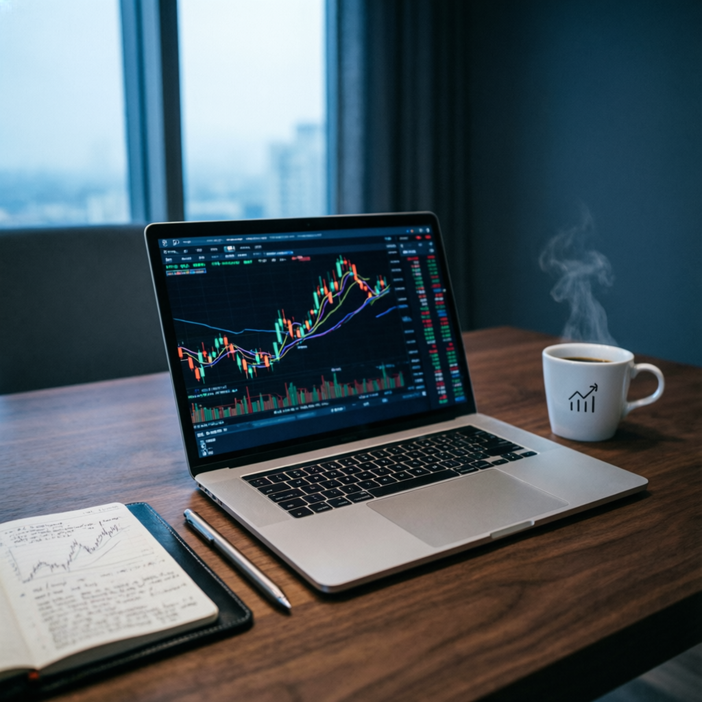 Laptop showing Topstep trading platform with futures charts