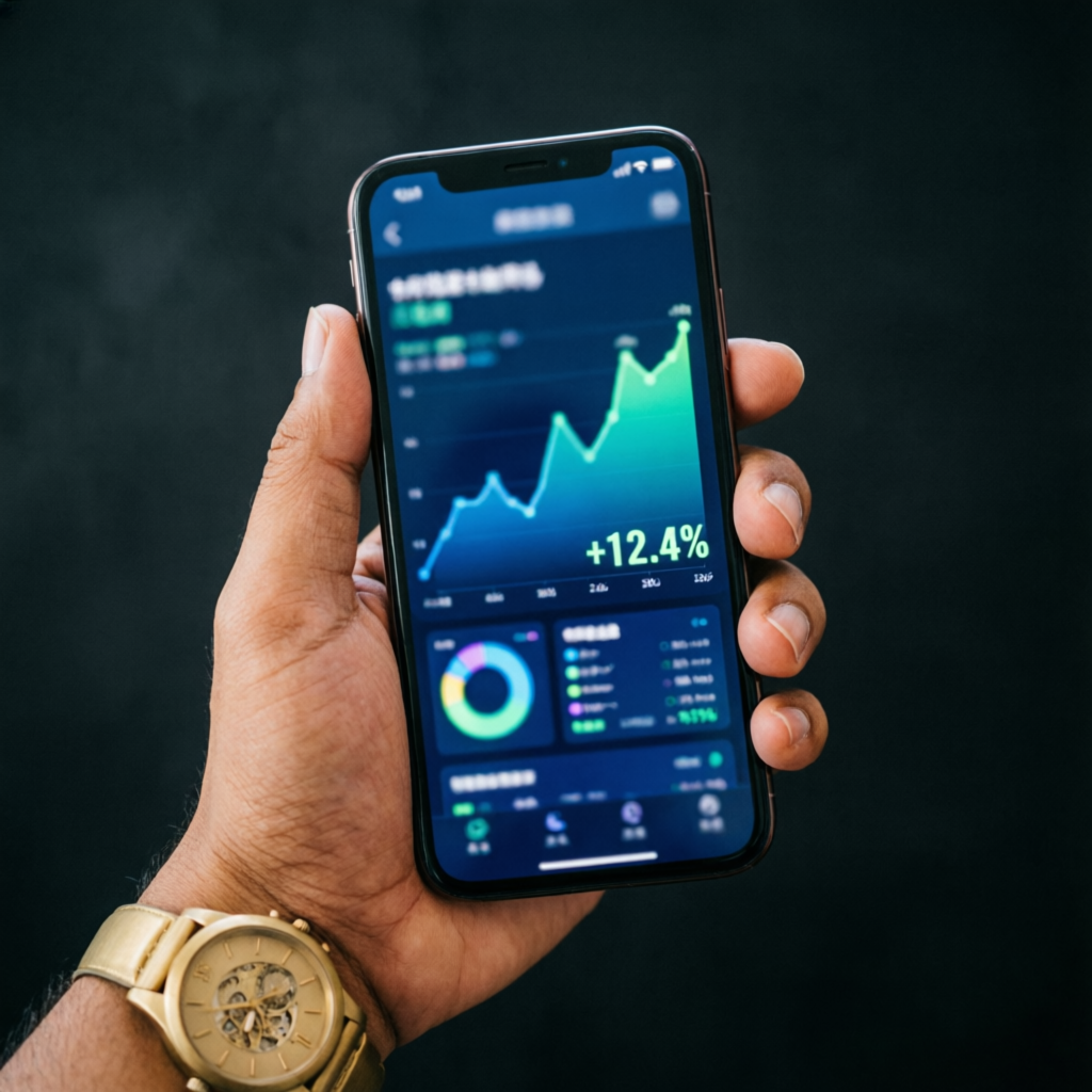 Mobile trading app showing profit charts on smartphone