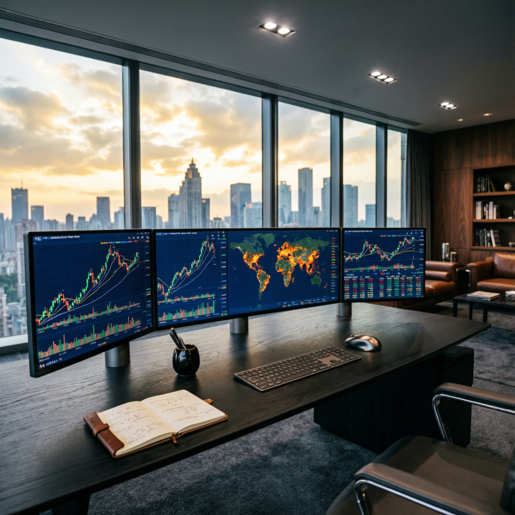Luxury trading office with multiple monitors showing global markets