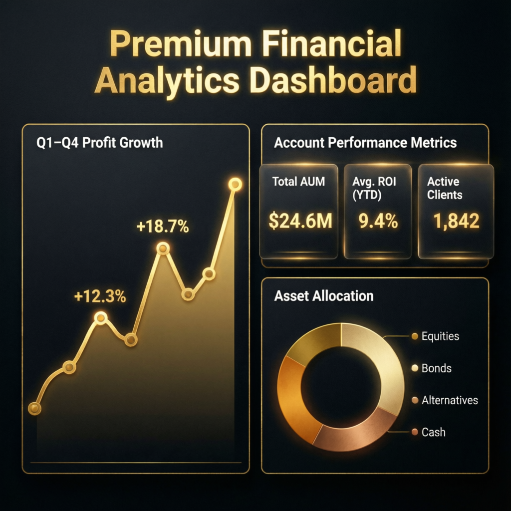 Premium Financial Analytics Dashboard showing profit growth and account performance