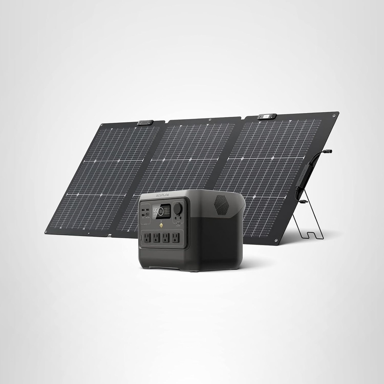 Estação de energia portátil EcoFlow com painel solar dobrável carregando ao ar livre