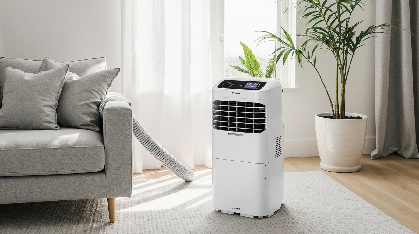 Ar-condicionado portátil sem condensador externo refrescando sala de estar com sofá e plantas