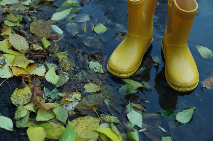Botas de chuva amarelas em poça d'água com folhas após temporal