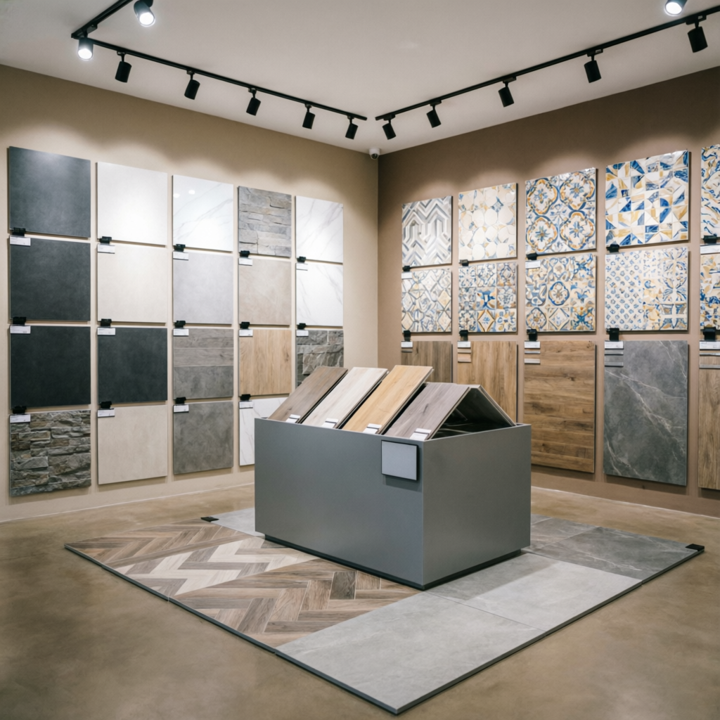 Exposição de azulejos decorativos e pisos no showroom - Pisos em São José do Rio Preto